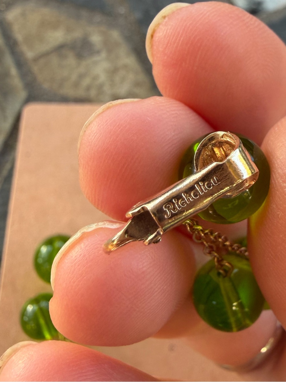 Rare Mystical Green Glass Drop Earrings | Signed Richelieu - Picture 8 of 11